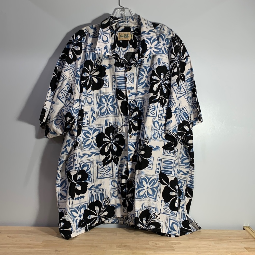 Eddie-D Island Inspired Button Down Shirt Hawaiian Floral Blue Black White 3XB